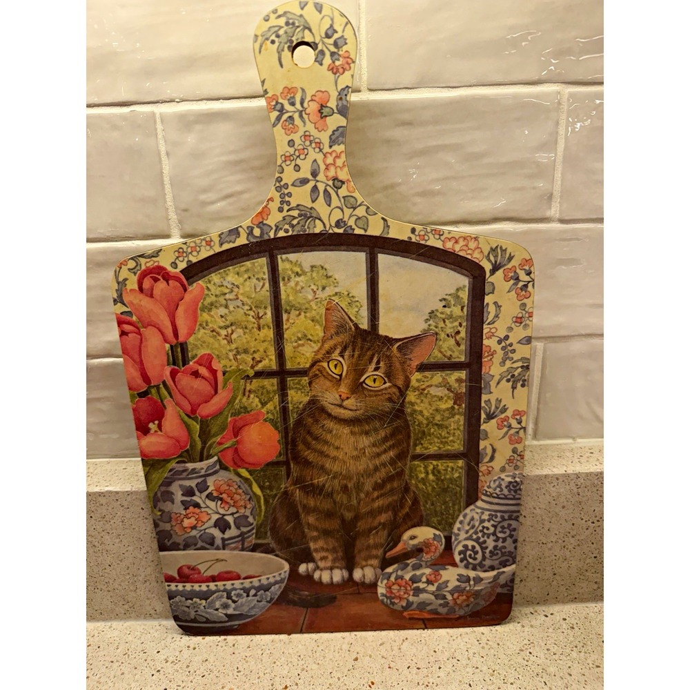 Tabby Cat Wall Plaque Board Chinoiserie Blue White Tulips Paddle Decor 12"